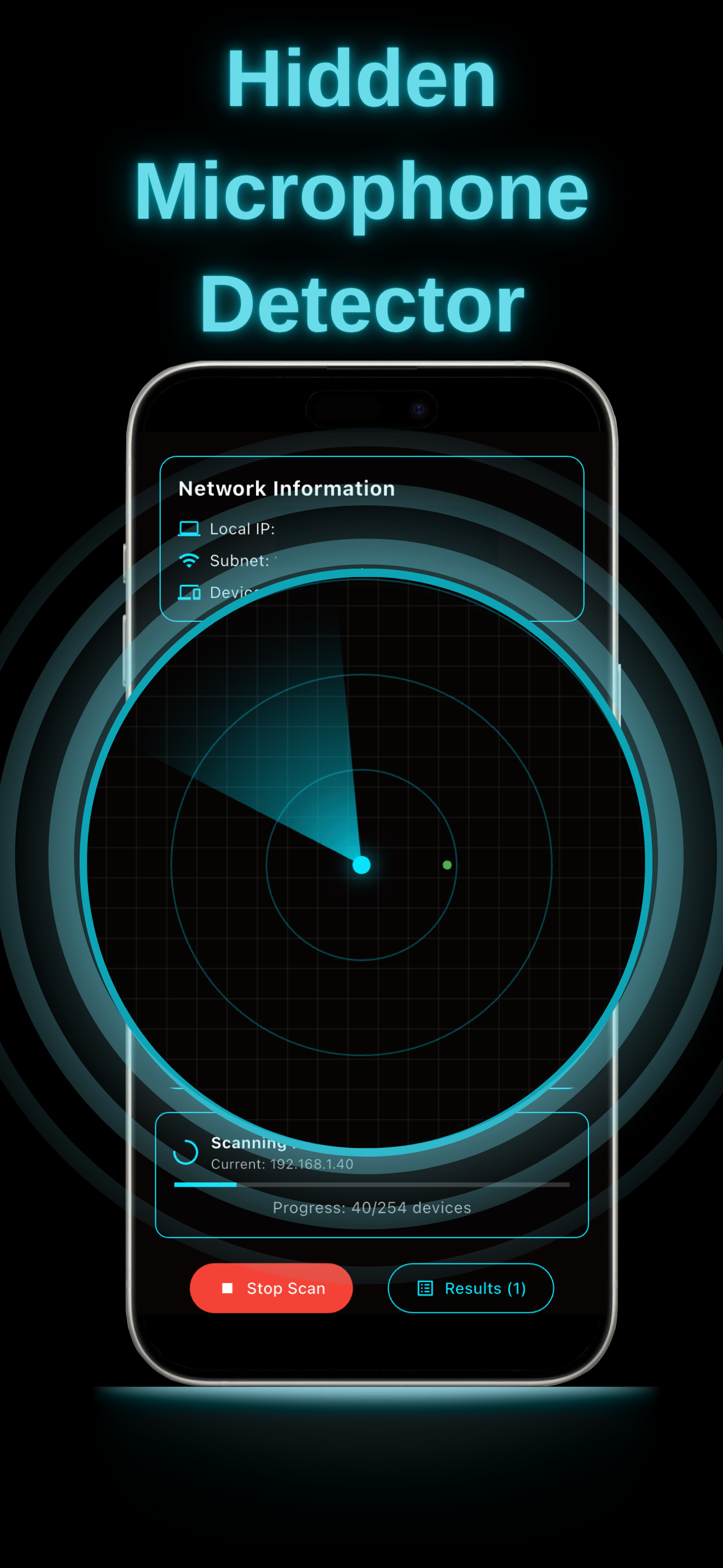 SpyMic hidden microphone detector radar scanning every device on a Wi-Fi network